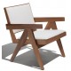 Compass lounge chair with armrests in teak wood and bouclé fabric