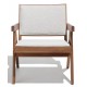 Compass lounge chair with armrests in teak wood and bouclé fabric